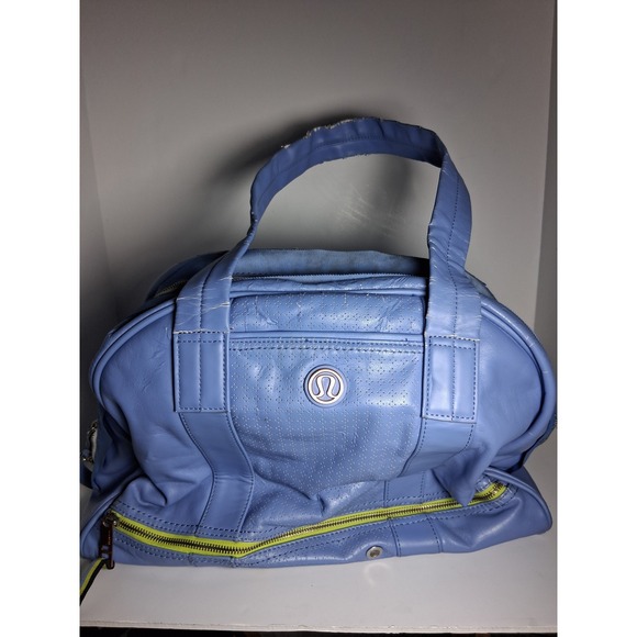 Lululemon Blue Gym Duffle Bag Neon Yellow Accents Om For One Plaid Lining - Picture 1 of 11